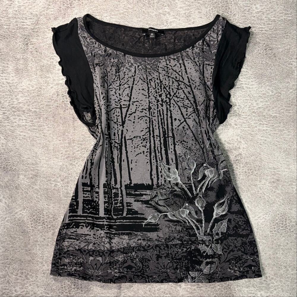 Express Black Wood Graphic Flutter Sleeve Blouse